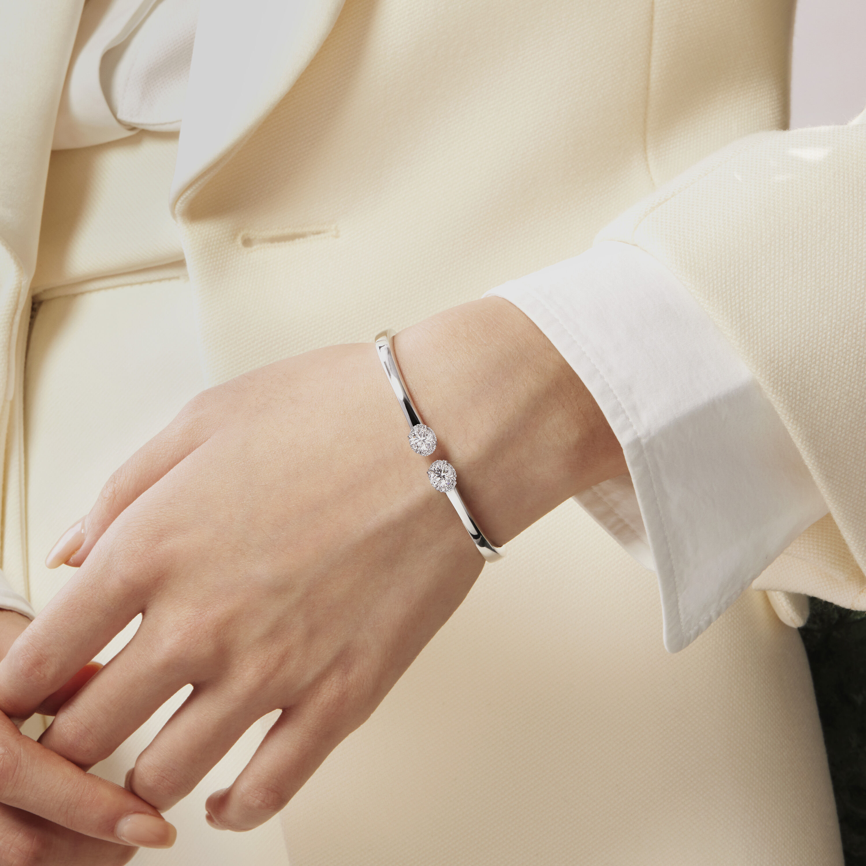 Ellipse Diamond Open Bangle, 18k Yellow Gold w/Platinum, large