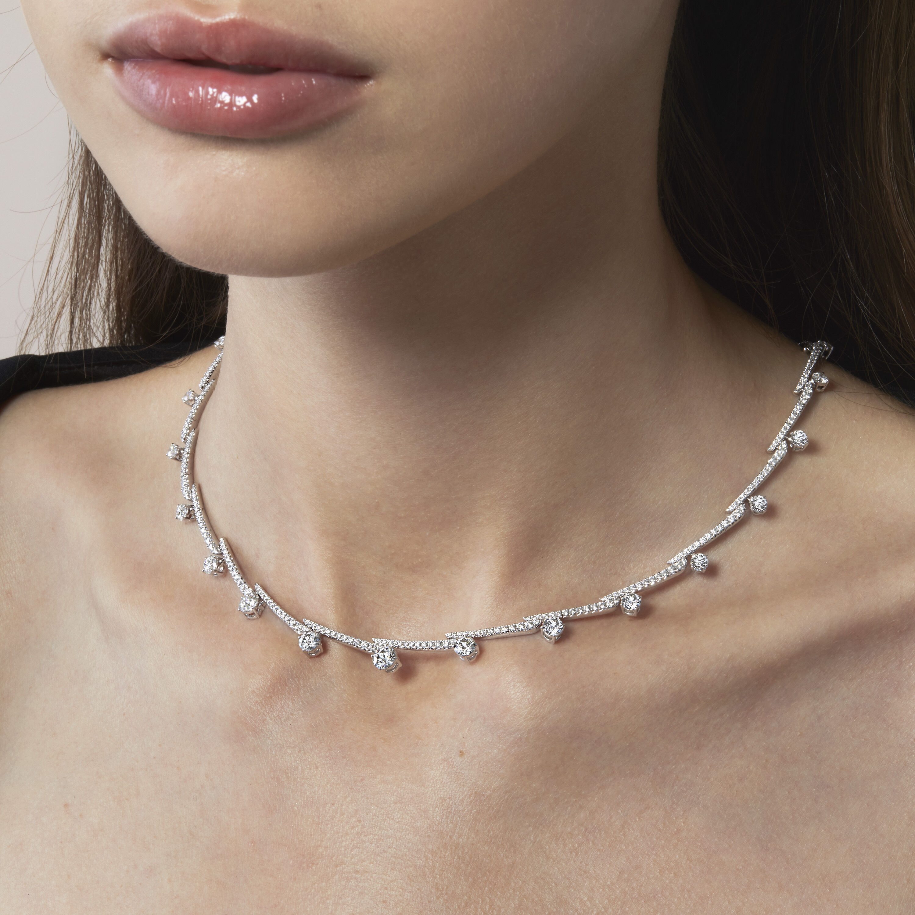 VELA Crossover French Cut Pav&eacute; Necklace, 18K White Gold, large